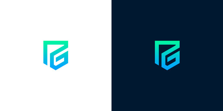 Modern shield logo with abstract letters G and P in a gradient of green and blue on a white and dark blue background