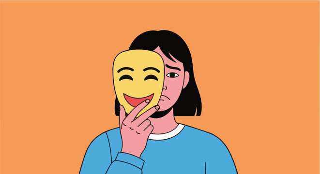 Woman holding comedy mask in playful mood with bright orange background in flat illustration style for theater advertising