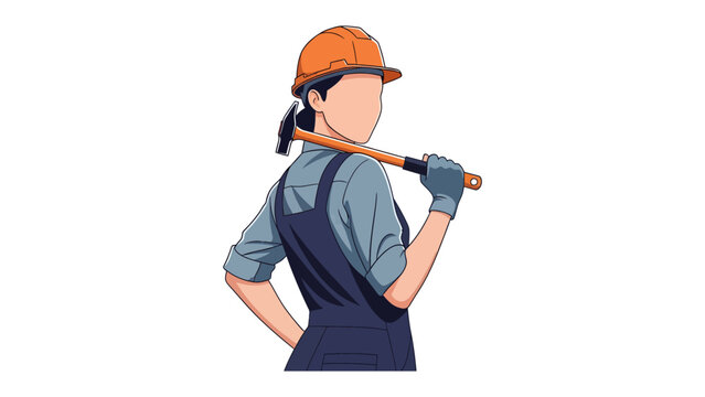 Resilient Builder: Confident construction worker with a hammer over her shoulder, ready to begin work, an emblem of strength and capability. 