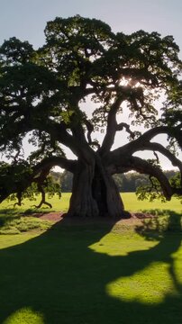 Vertical video: Shining sun sliding behind oak hollow at meadow, forming flare and long shadow