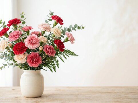 ピンクとレッドのカーネーションブーケ・木製テーブルに置かれた上品な花飾り

