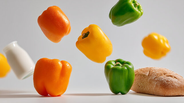 Various bell peppers, a loaf of bread, and a bottle of milk in free fall against a light
