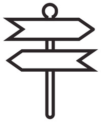 Minimalist black line vector icon illustration of a wooden signpost with two arrows pointing in opposite directions for navigation, wayfinding, decision making, and path choice concepts. © Hamza