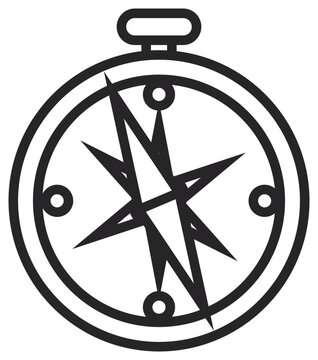 Minimalist black vector icon of a compass symbol for navigation and travel, featuring a clean line art design for exploration, adventure, and orientation, scalable illustration on white background.