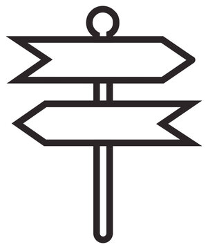 Minimalist black line vector icon illustration of a wooden signpost with two arrows pointing in opposite directions for navigation, wayfinding, decision making, and path choice concepts.