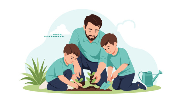 Caring father teaches his two young sons how to plant a small tree in the garden as they work together on a sunny outdoor day.
