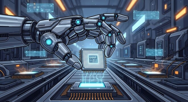 Futuristic Robotic Hand Handling Microchip in High Tech Lab