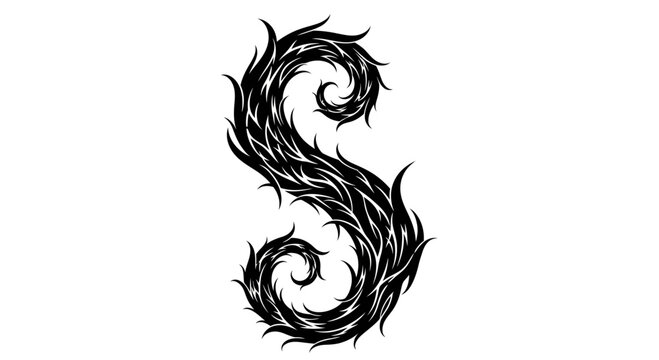 Ornamental tribal gothic letter S illustration with sharp jagged edges and swirling floral-inspired thorns on white background