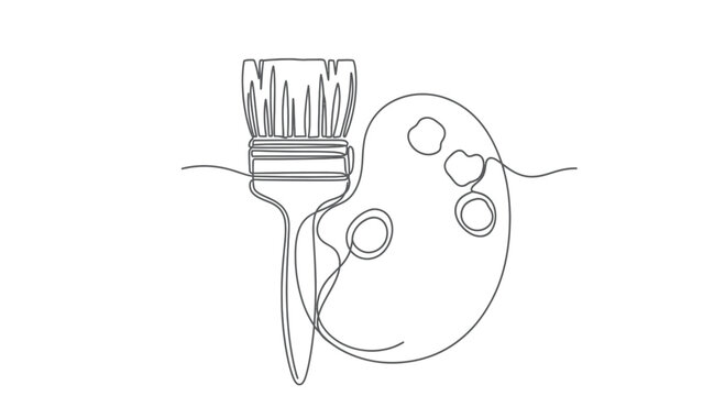Single continuous line drawing of a paintbrush and a palette