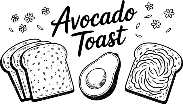 Hand drawn avocado toast with slices of bread and flowers, isolated white background