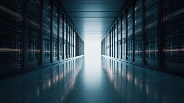 Dark server vault opening to bright exit, recoveryfocused layout with cold aisles and emergency lighting snapshot replication, failover systems, sealed cabinets and continuity planning for rapid