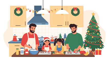 Fototapeta premium Happy multi-generational family with two fathers and daughters preparing a festive meal in a decorated kitchen for Christmas.