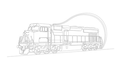 A grayscale line drawing of a diesel locomotive entering a tunnel © Sendal