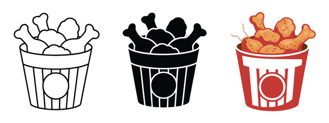 Fried chicken bucket meal vector icon set, line and glyph solid style icons with logo template, clipart and sticker design collection, fast food restaurant and delivery symbols. © MD REZAUL