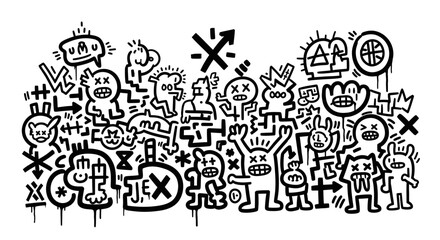 Naklejka premium Monochrome Graffiti Style Mural with Hand Drawn Cartoon Characters and Abstract Symbols on a White Background