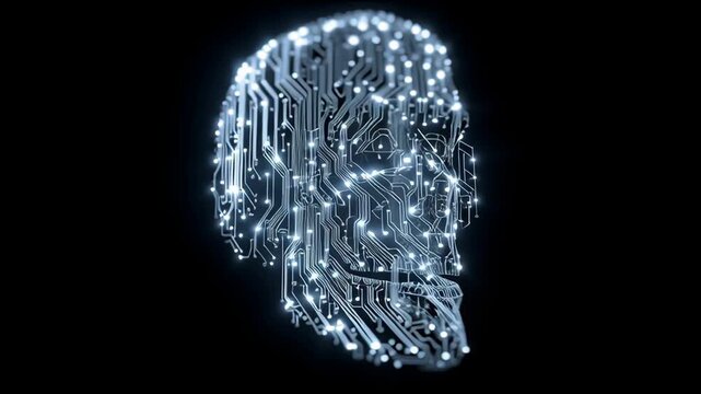 Explore Brain-Computer Connection and Glowing Circuits in a Digital Landscape Showing Technology Evolving Over Time in Four Distinct Frames