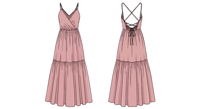 Elegant tiered maxi sundress technical drawing capturing the front and back views with exquisite detail, showcasing a flattering wrap V-neck and