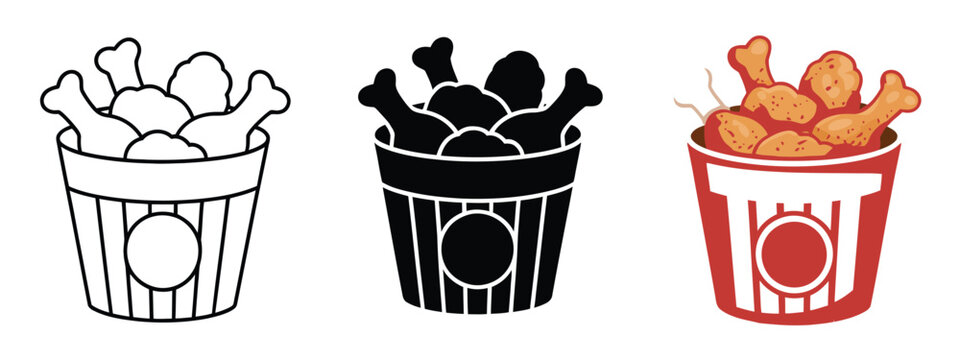 Fried chicken bucket meal vector icon set, line and glyph solid style icons with logo template, clipart and sticker design collection, fast food restaurant and delivery symbols.
