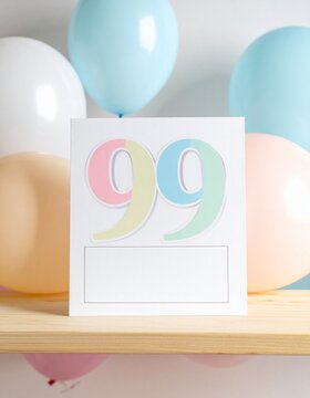 Birthday card with number 99 and text box for name or message. Pastel colors and balloons