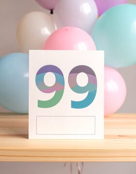 Birthday card with number 99 and text box for name or message. Pastel colors and balloons