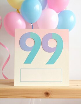 Birthday card with number 99 and text box for name or message. Pastel colors and balloons