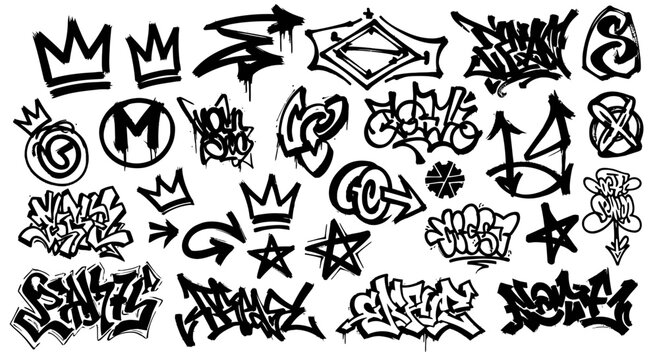 Collection of black and white graffiti tags throw-ups and urban street art symbols isolated on white background.