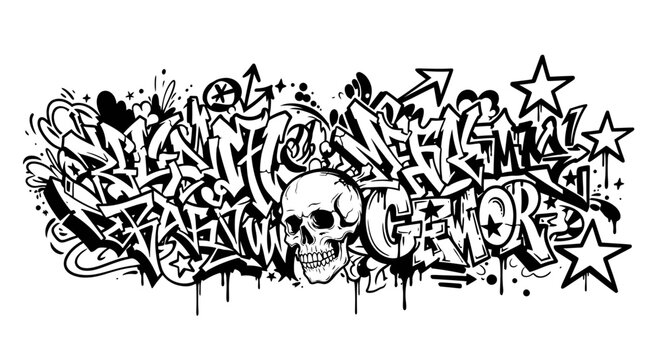 Black and white urban graffiti art featuring a detailed skull surrounded by stylized lettering, stars, and paint drips.
