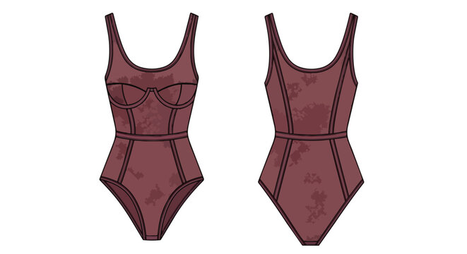 Contemporary women's dark red one-piece swimsuit, presented in front and back technical drawings, highlighting its fashionable bustier design and
