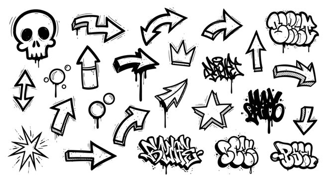 Hand-Drawn Graffiti Elements Set with Skull, Arrows, Crown, and Tags Isolated on White Background for Urban Street Art Design