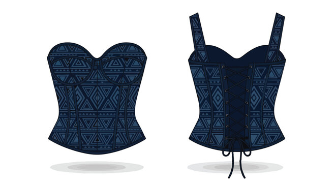 Detailed illustration of a tribal pattern corset with front and back views showcasing a rich blue hue and intricate geometric design a stylish