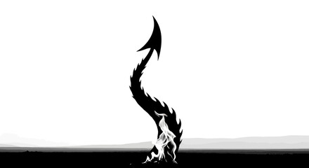 Fototapeta premium Minimalist Black Silhouette of a Spiked Devil Tail with Rising Flame Against a Stark White Sky and Dark Horizon