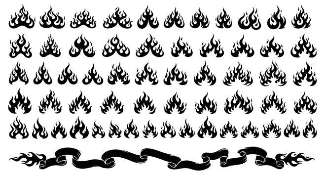 Set of Stylized Black Fire Flame Icons and Flaming Ribbon Banner Graphic Design Elements Isolated on White