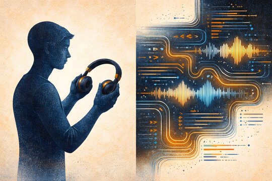 Person examining wireless headphones beside digital audio waveform interface with circuit patterns in blue and orange palette, concept illustration for sound technology and data visualization