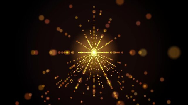Golden particles burst from a radiant center against deep black
