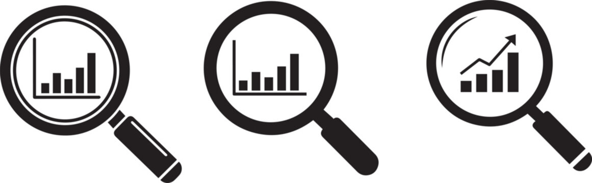 Three black magnifying glasses with bar graphs inside chart