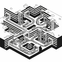 Obraz premium Isometric illustration of a complex underground mine with a railway system and mining carts.