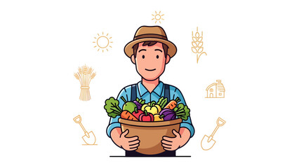 Farmer's Bounty: A smiling farmer stands proudly, holding a basket overflowing with fresh, vibrant produce, celebrating the fruits of his labor.  © Rahimatul