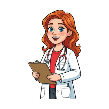 A cheerful cartoon doctor holding a clipboard and stethoscope around her neck