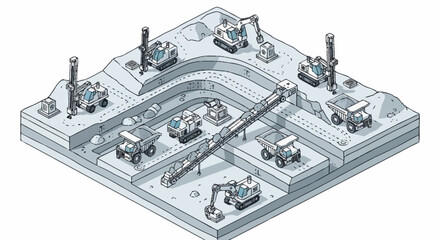 Isometric illustration of a mining operation with excavators, dump trucks, and conveyor belts working in a quarry. © Sego