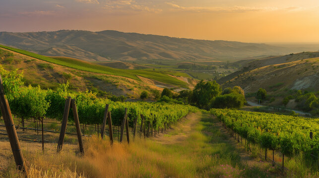 Golden hour vineyard landscape with rows of grapevines extending toward rolling hills, travel magazines, destination branding, designed for outdoor magazines and nature guides.