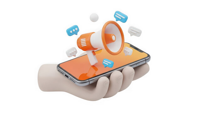 A hand holding a smartphone with a megaphone on the screen on transparent background