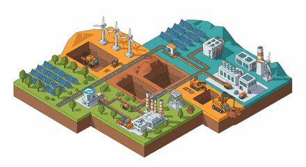 Fototapeta premium Illustration of a modern energy production complex with renewable and traditional sources.