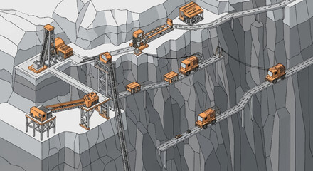Industrial mining operation with cable cars and machinery on a steep mountainside. © Sego