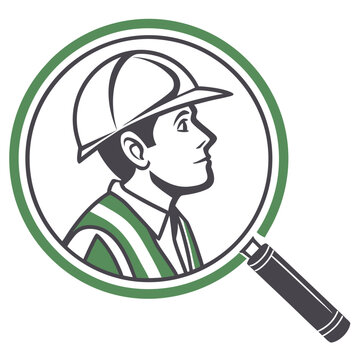 Magnifying glass on construction worker in safety vest and hard hat, concept of inspection and employment verification.