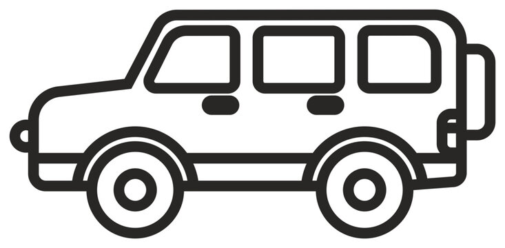 Black line art vector icon of a 4x4 off-road SUV vehicle from a side profile view, minimalist scalable illustration for automotive, travel, adventure, and transportation design projects.
