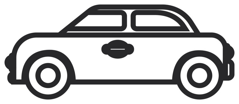 Minimalist black and white vector icon illustration of a classic sedan car profile, featuring a simple line art design of a vintage automobile for transportation and automotive concepts.