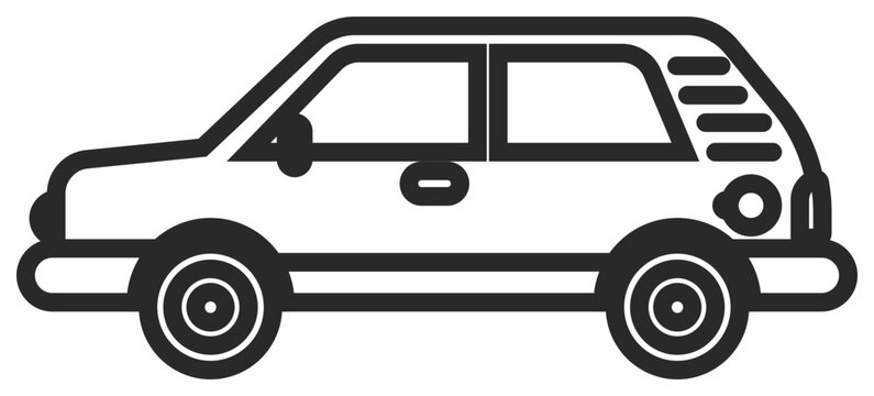 Minimalist black vector icon illustration of a classic hatchback car silhouette, featuring a clean outline design of a small passenger vehicle with wheels, windows, and door handles.