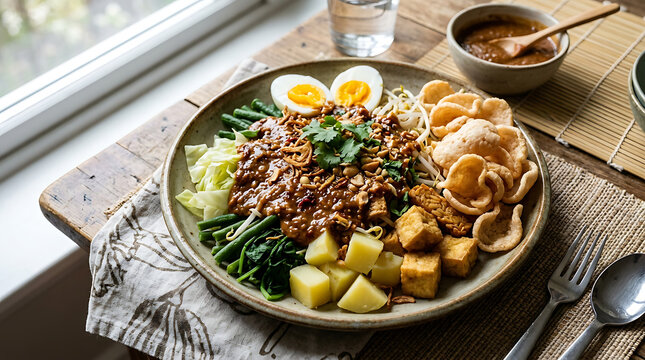 Traditional Indonesian Gado Gado Vegetable Salad with Spicy Peanut Sauce and Tofu