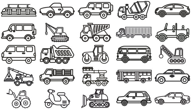 25 Vector Icon Set Bundle of Black Minimalist Transportation and Construction Vehicle Symbols: Cars, Trucks, Cranes, Buses, SUV, Van, Semi-Truck, Tram, Bulldozer, and Industrial Machinery.