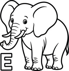 Fototapeta premium Cartoon elephant standing next to the uppercase letter e